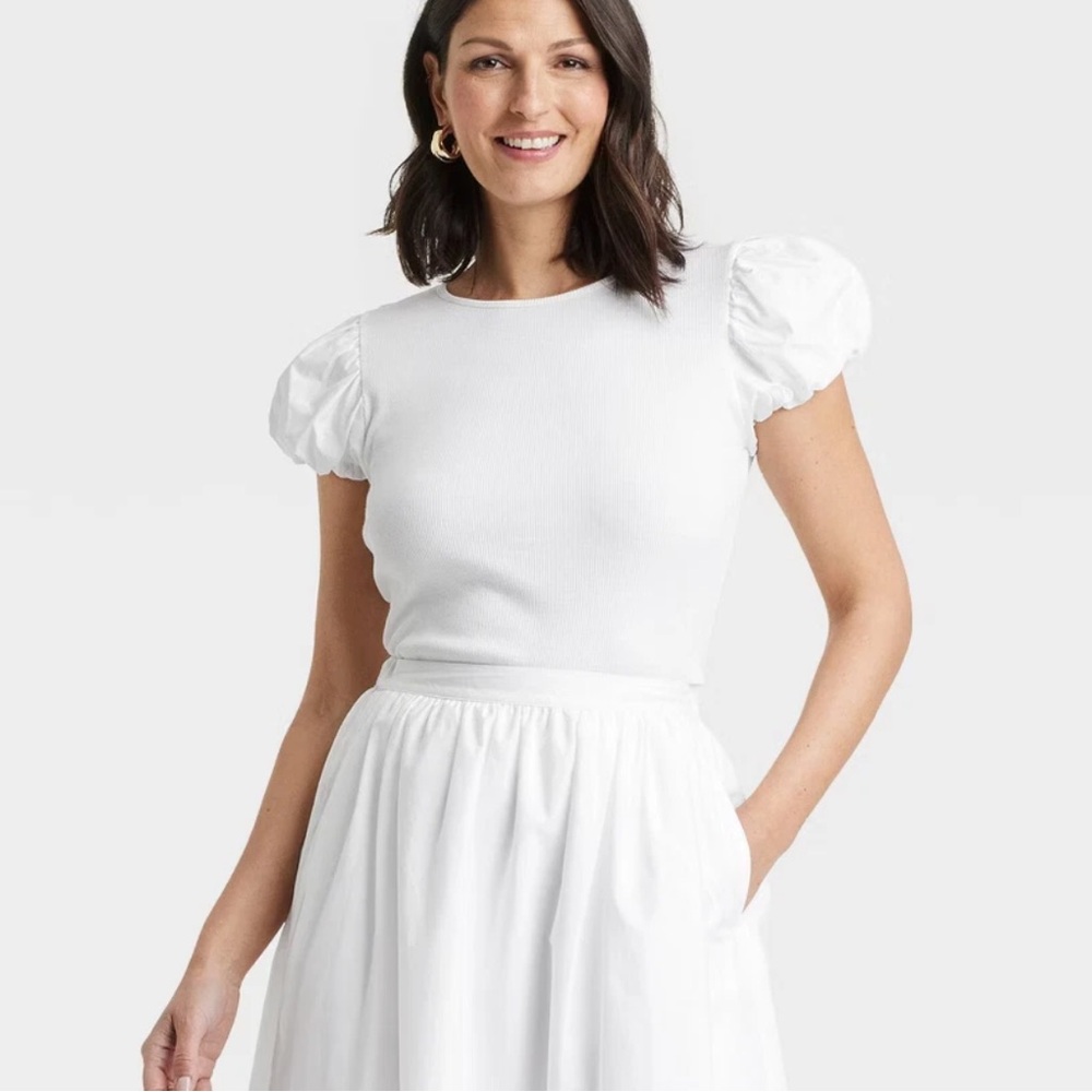 A New Day White Ribbed Puff Sleeve Blouse / Tshirt / Top